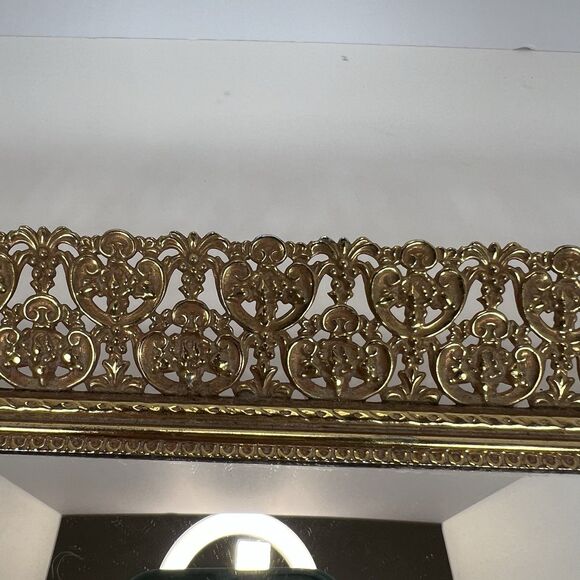 Mirrored Vanity Tray For Trinkets, Jewelry & Makeup With Brass Filigree VTG 16" - Picture 10 of 12